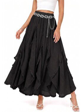 Elegant Black Flowy Maxi Skirt with Ruffle Lace Tiered Design - Medium Size